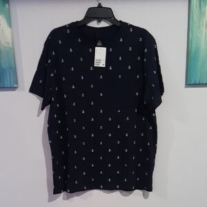 H&M Navy Short Sleeve Tee with White Anchor Pattern